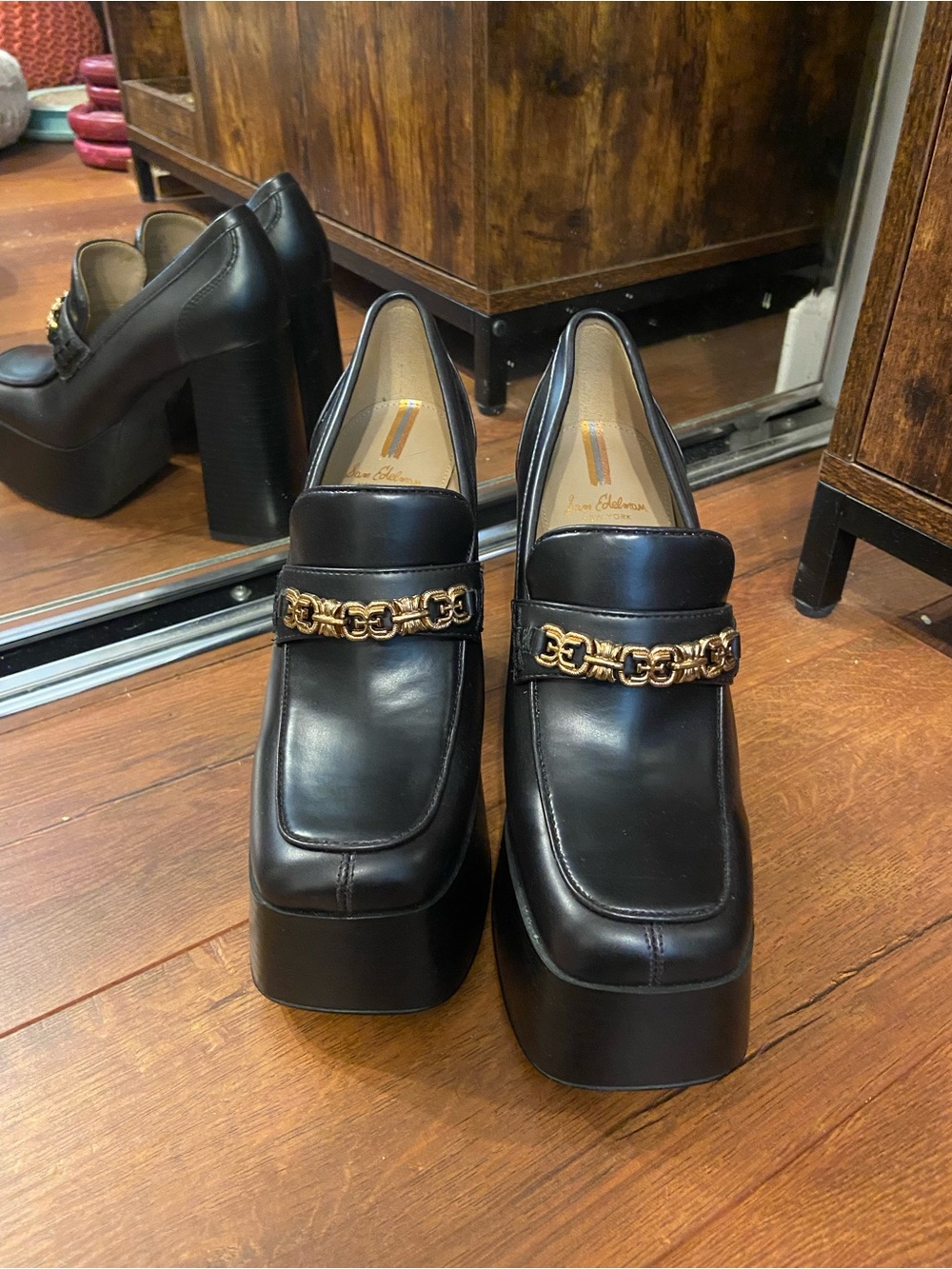 Sam Edelman Black Platform Loafers with Gold Chain
